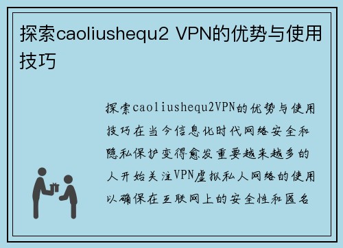探索caoliushequ2 VPN的优势与使用技巧